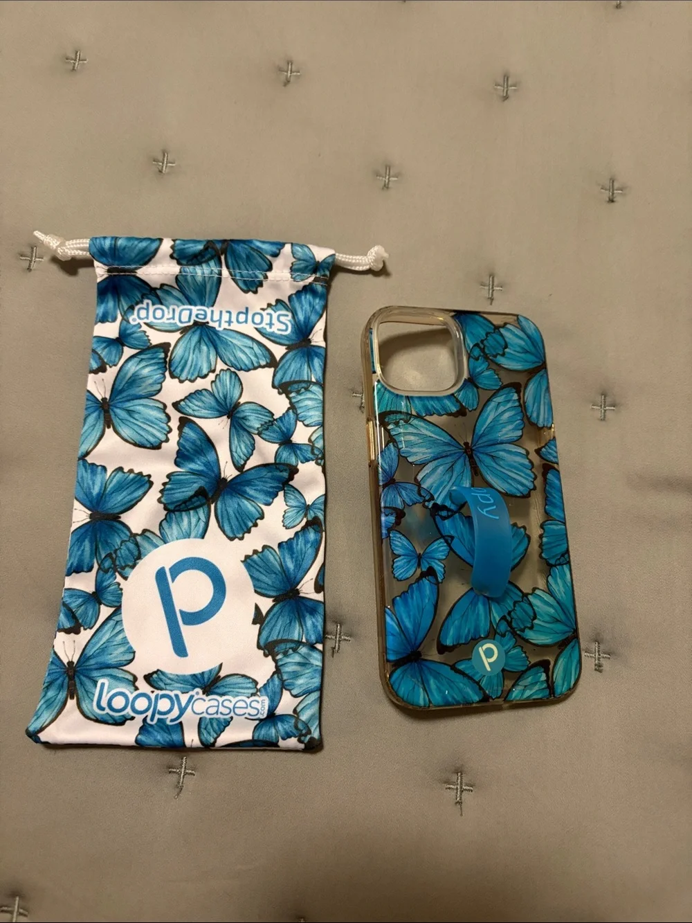 Loopy Case Blue Butterfly Phone Case with Integrated Grip Strap